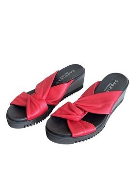 Sabrinas Womens 5.5 (36) Red Leather Sandals Wedge Slide Twist Knot Spain